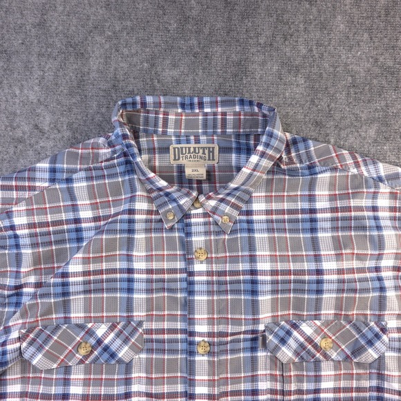 Duluth Trading Shirt 2XL Short Sleeve Blue Gray Plaid Breathable Button Down - Picture 2 of 7